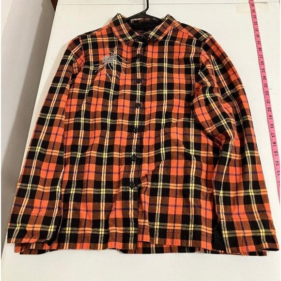 Krazy Kat XL Woman's Halloween Fall Plaid Rhinestone Spider Long Sleeve Shirt - Picture 5 of 10